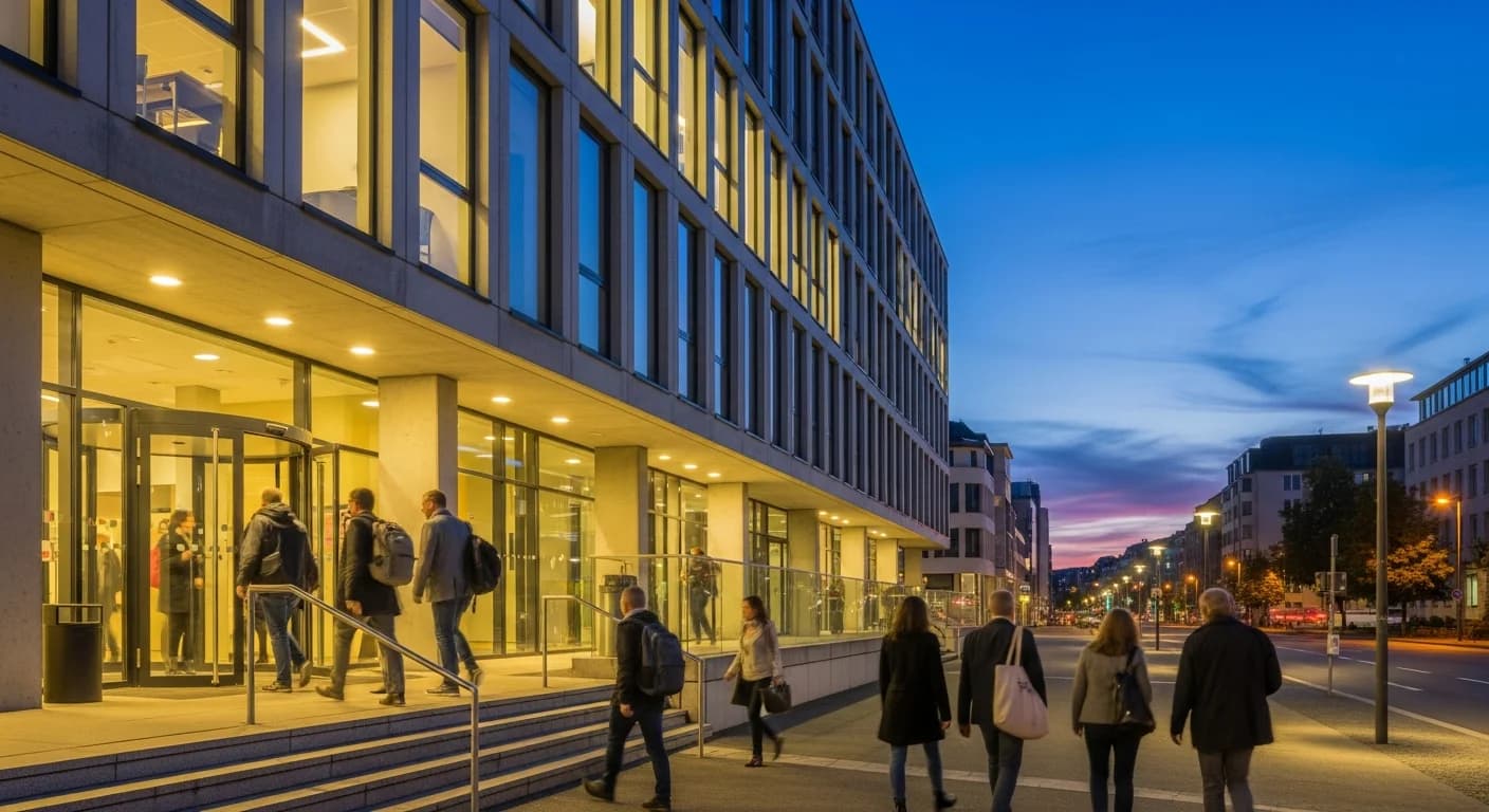 Moderne Abendschule in der Dämmerung mit beleuchteten Fenstern, erwachsene Schüler betreten das Gebäude nach der Arbeit